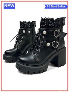 FOREADA Women's Platform Combat Boots Goth Chunky Heeled Ankle Boot PU Leather